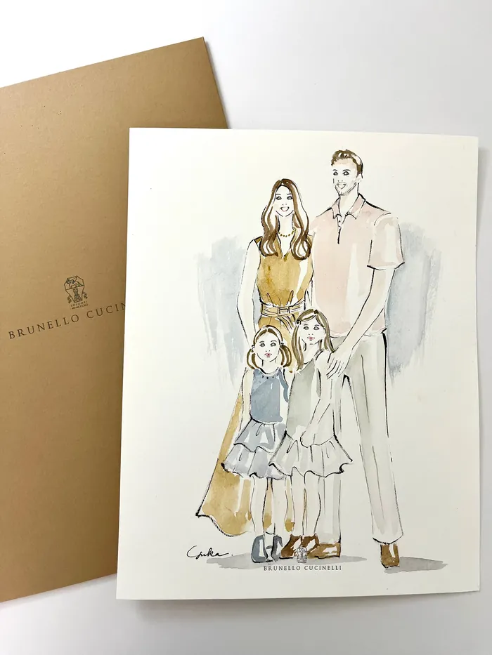 Watercolor illustration of a family of four standing together