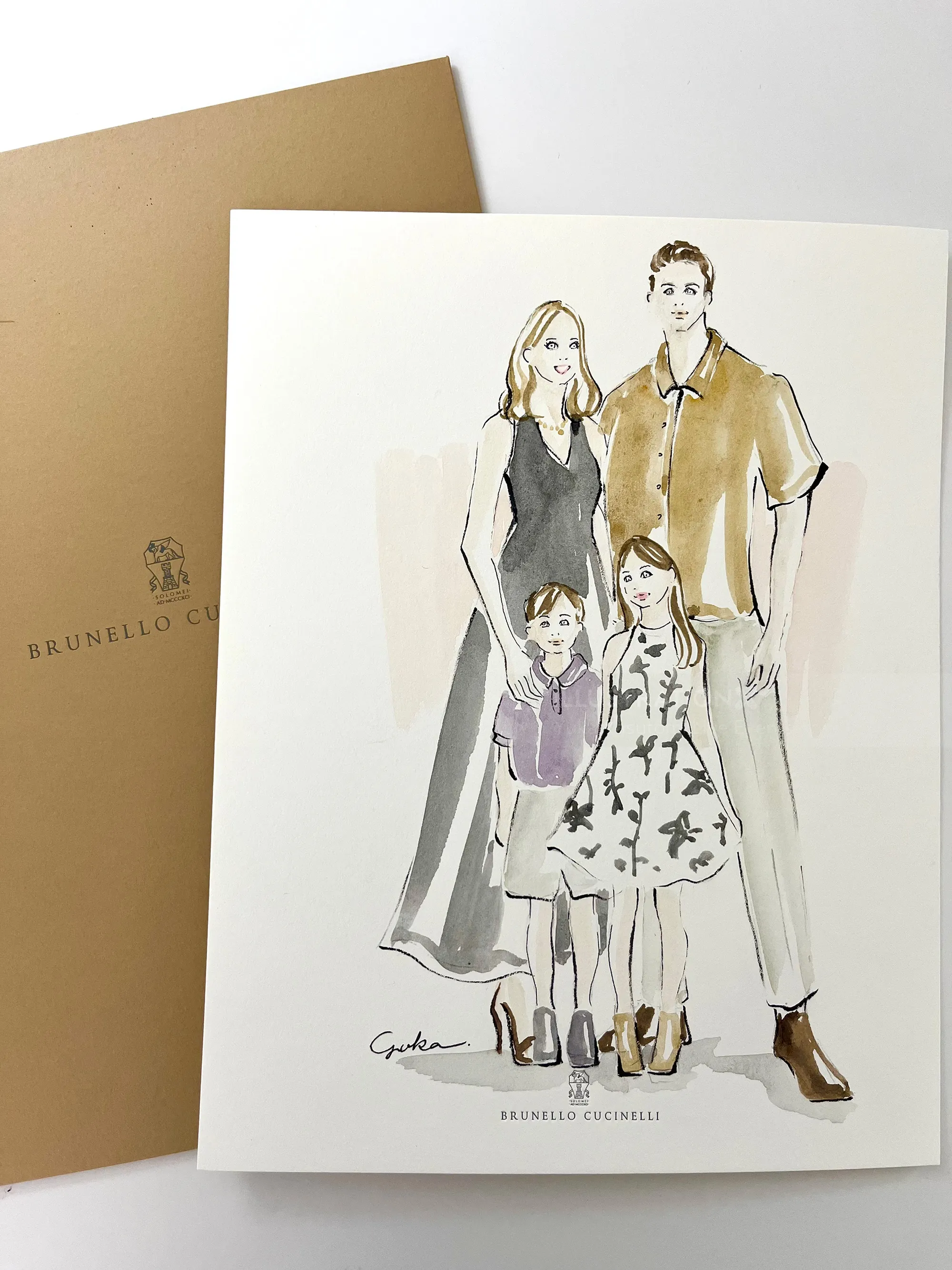 Illustration of a family of four in stylish clothing by Brunello Cucinelli