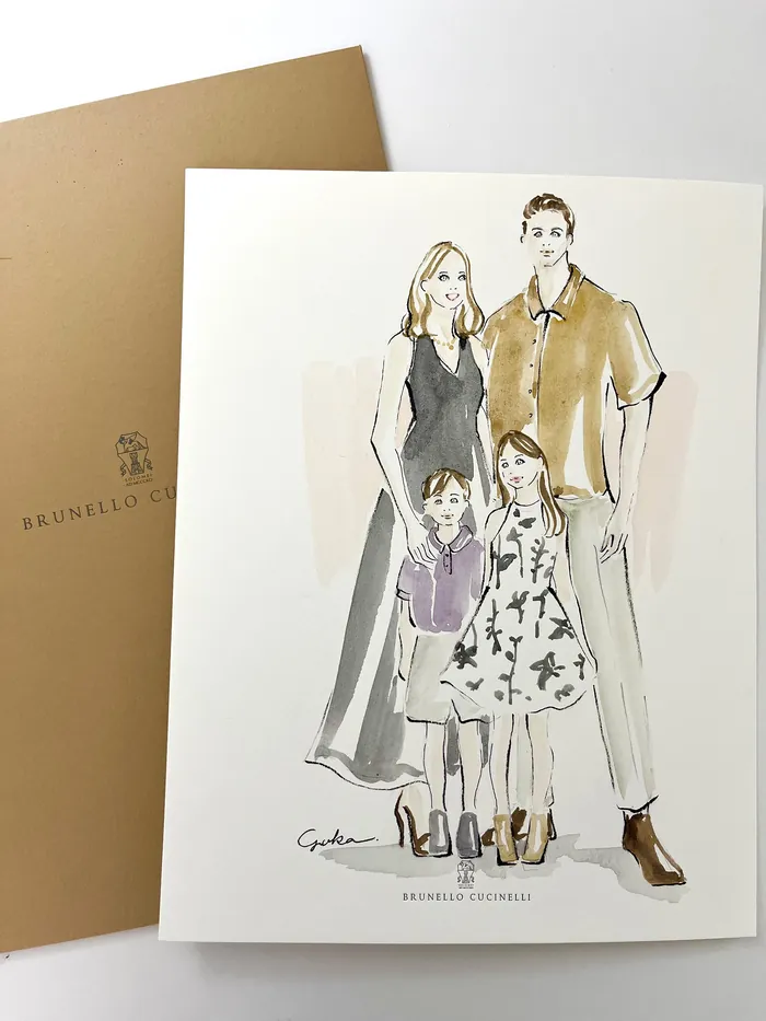 Illustration of a family of four in stylish clothing by Brunello Cucinelli
