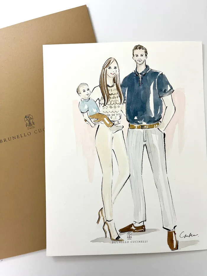 Fashion illustration of a man, woman, and baby in stylish outfits