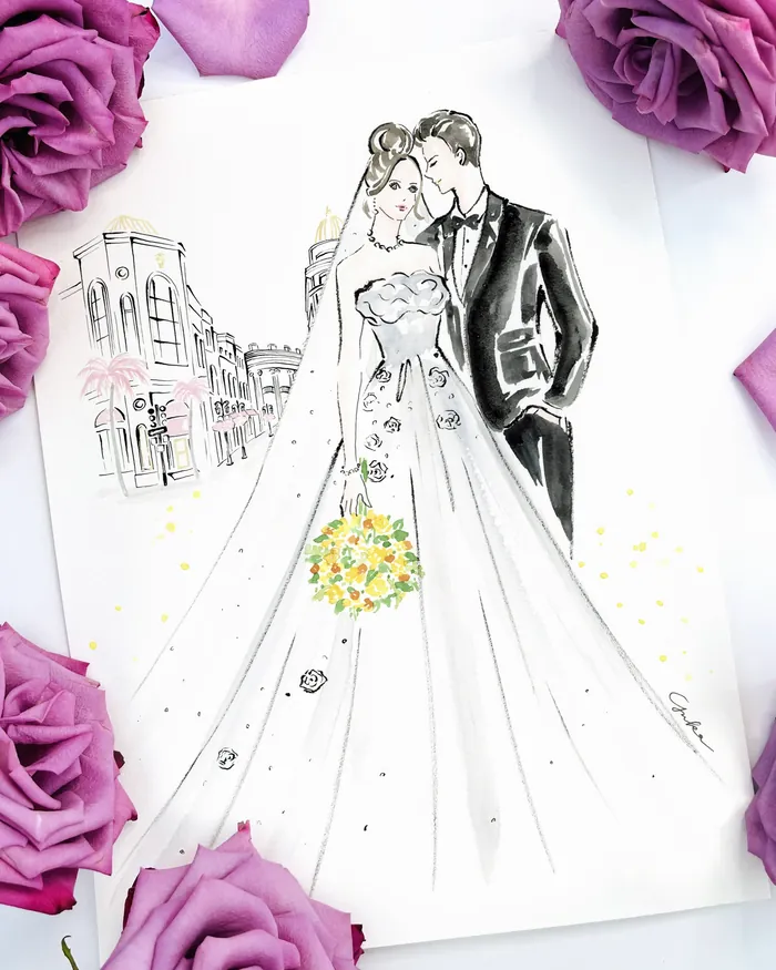 Illustration of bride and groom in wedding attire with city background