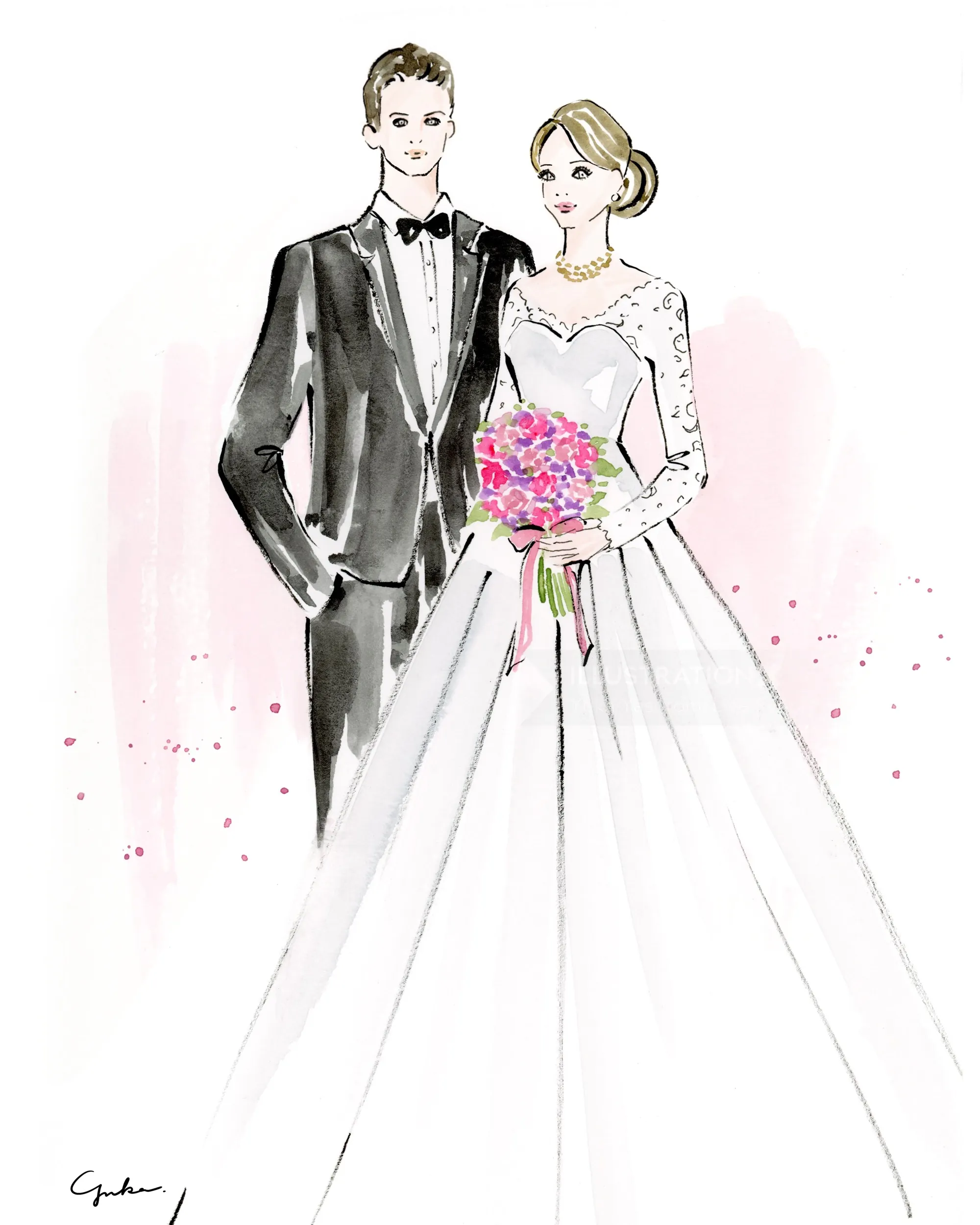Illustration of a bride and groom in wedding attire