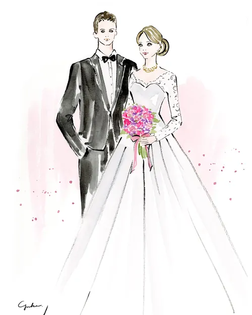 Bride in white gown and groom in tuxedo illustration by Yuka Yasutomi