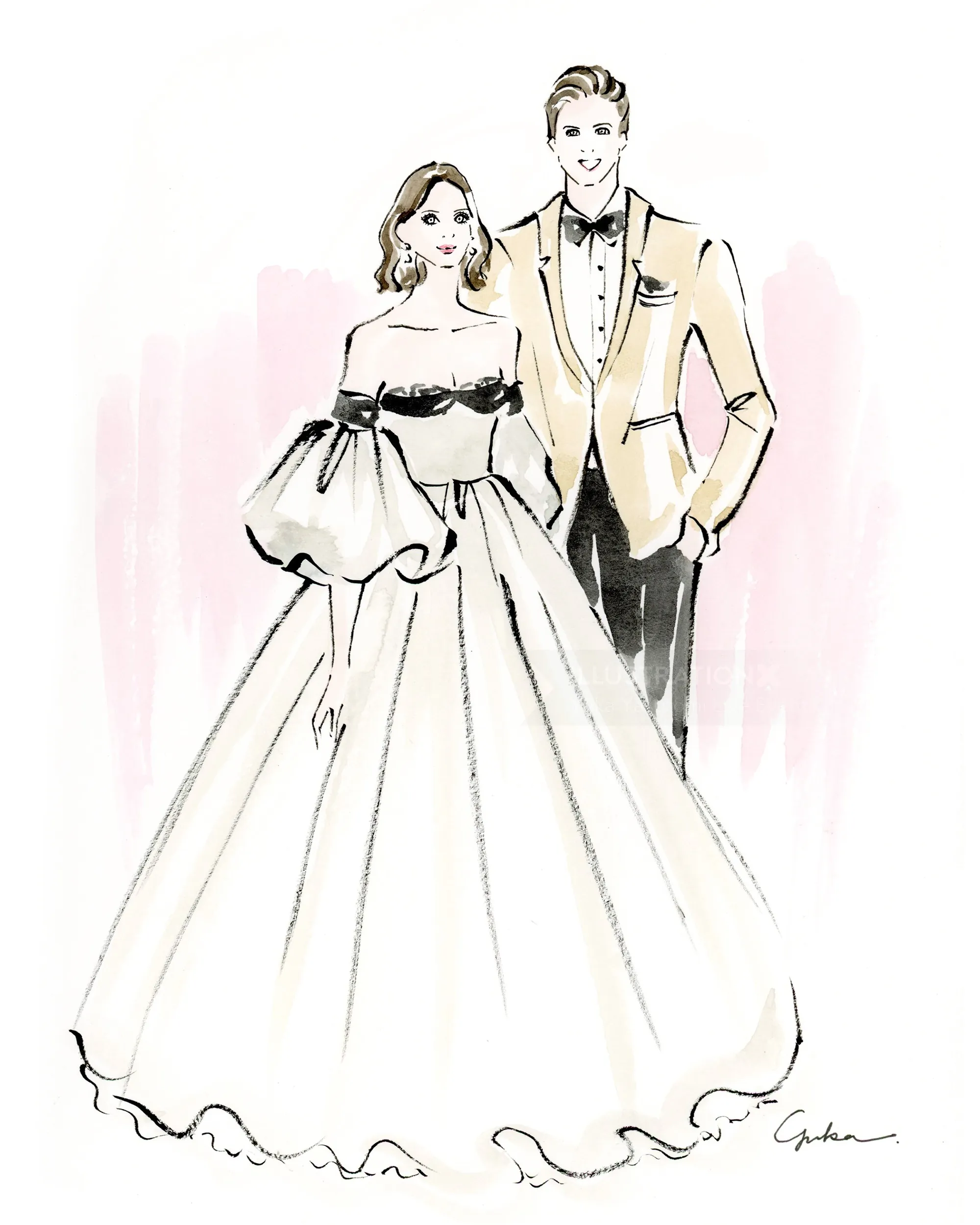 Stylized illustration of bride and groom in wedding attire