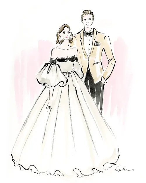 Stylized illustration of bride and groom in wedding attire