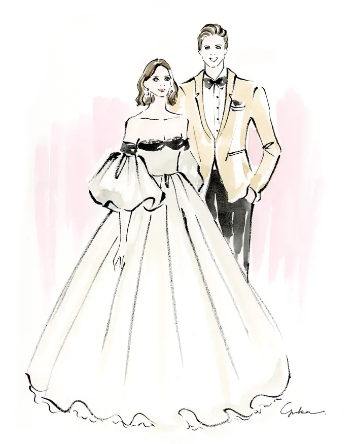 Stylized illustration of bride and groom in wedding attire