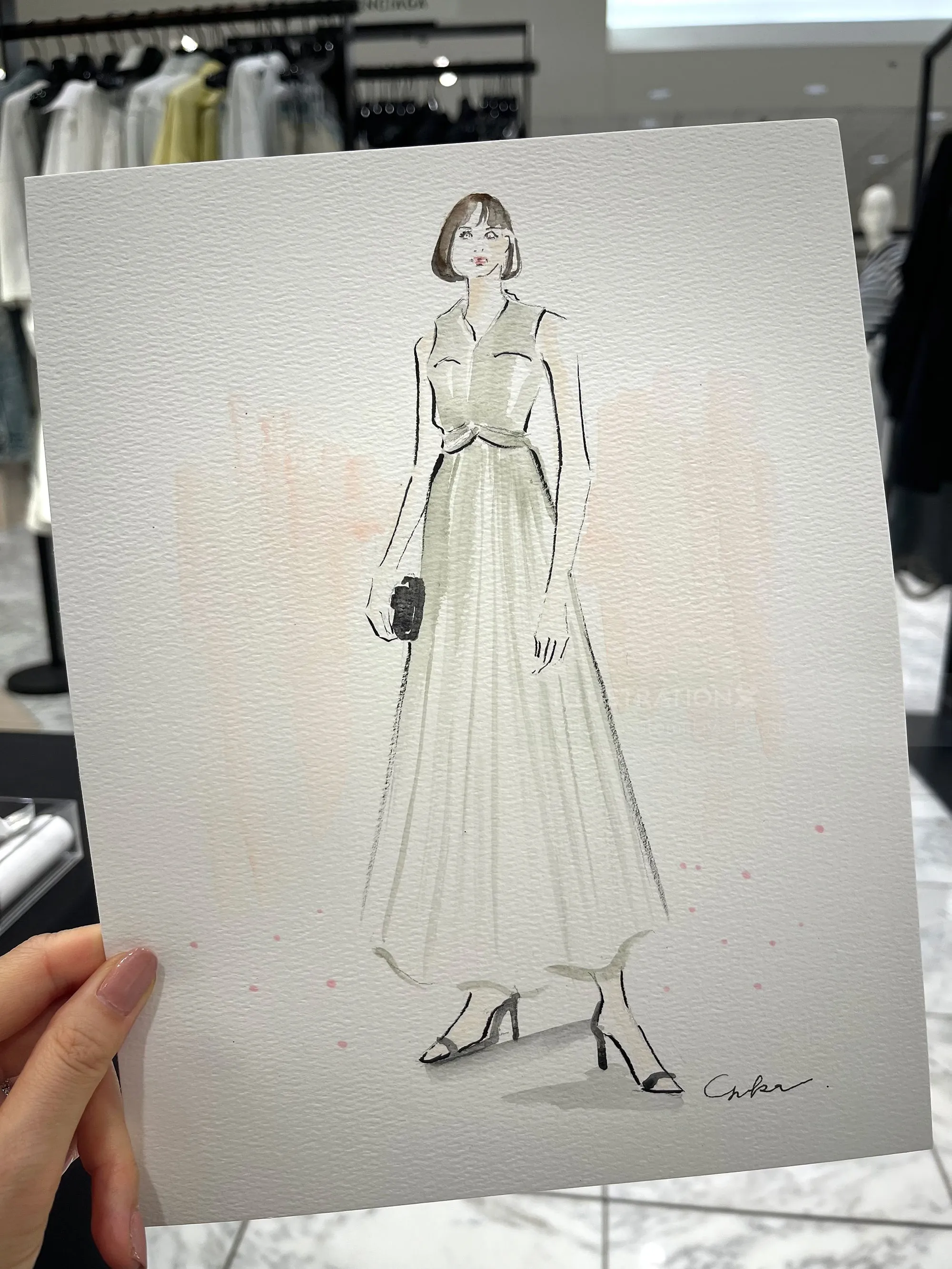 Fashion sketch of woman in elegant long dress holding clutch