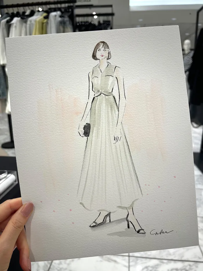 Fashion sketch of woman in elegant long dress holding clutch
