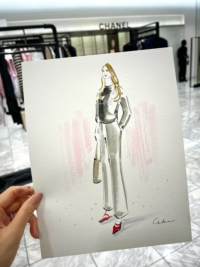 Fashion illustration of woman in pants and red heels at Nordstrom