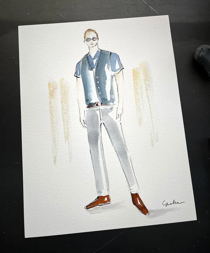 Watercolor fashion illustration of a man in modern clothing