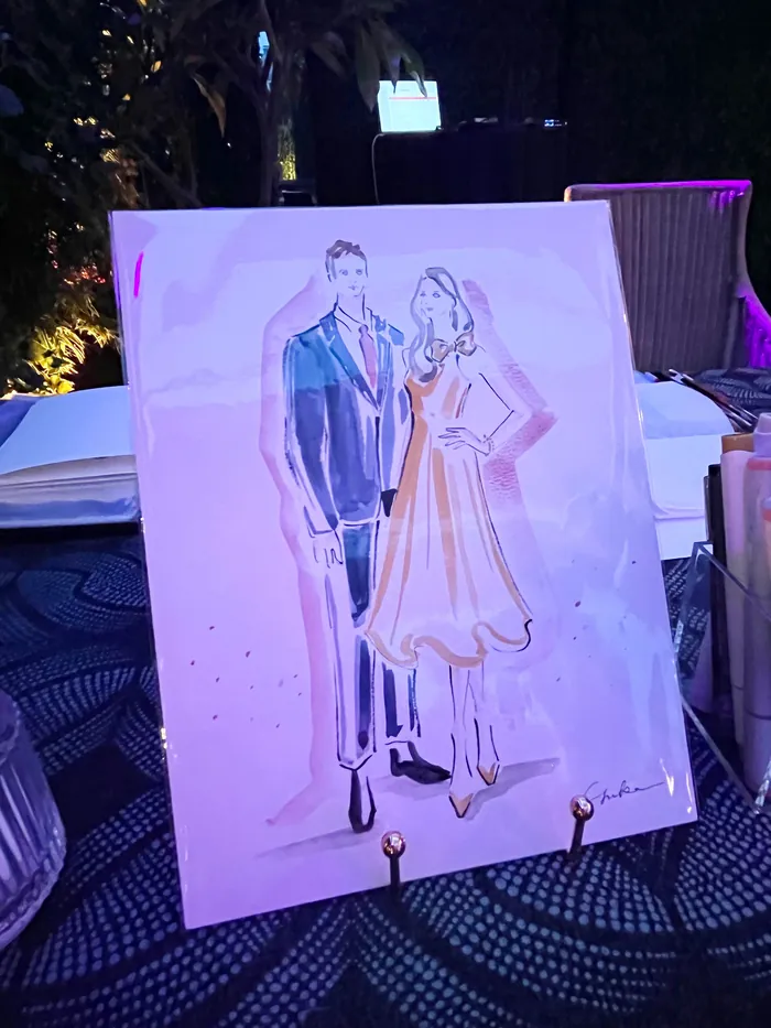 Watercolor illustration of a man and woman at a private party