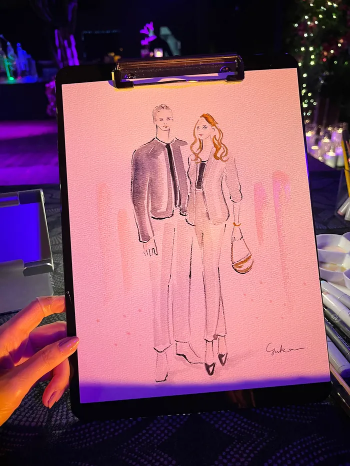 Illustration of a man and woman dressed formally at a private party