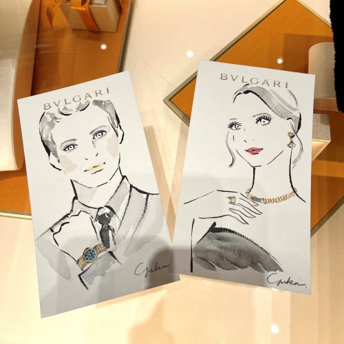 Bulgari sketches of man and woman with jewelry at event
