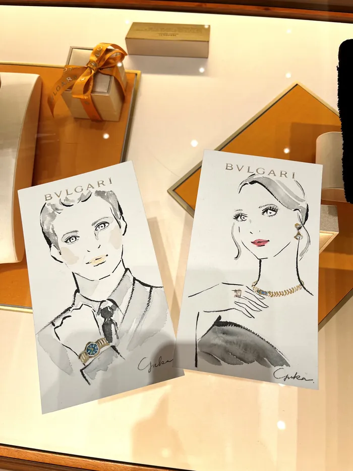 Bulgari sketches of man and woman with jewelry at event