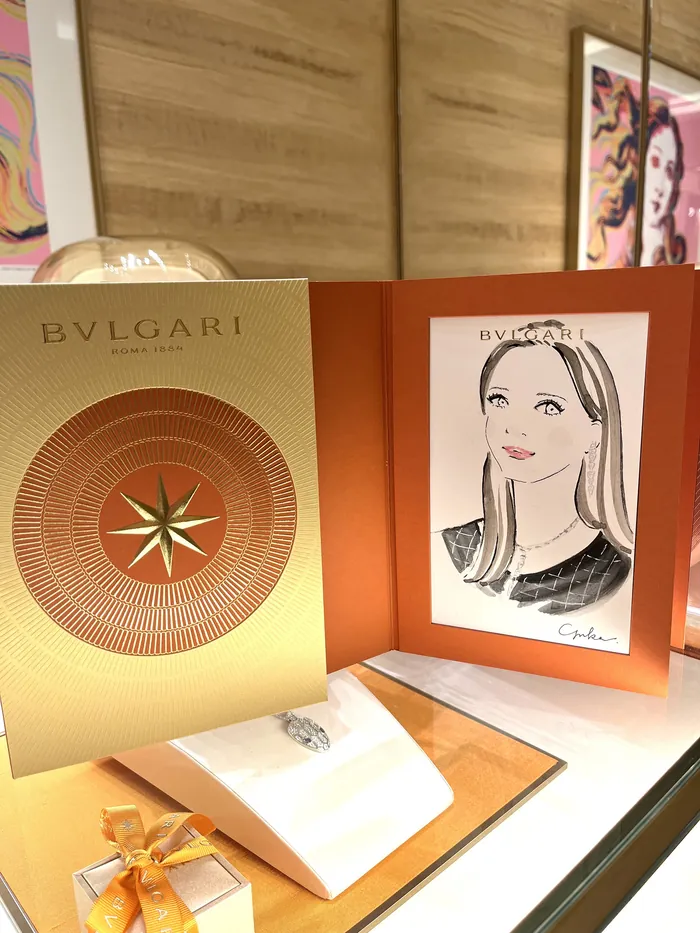 Bvlgari event display with artwork and branded packaging