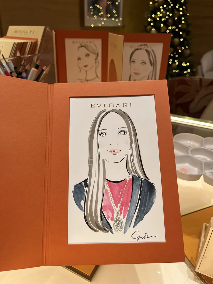 Illustration of a woman with long hair at Bulgari event