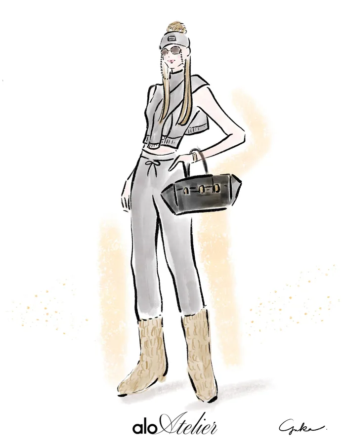 Fashion illustration of a woman in high boots and holding a handbag