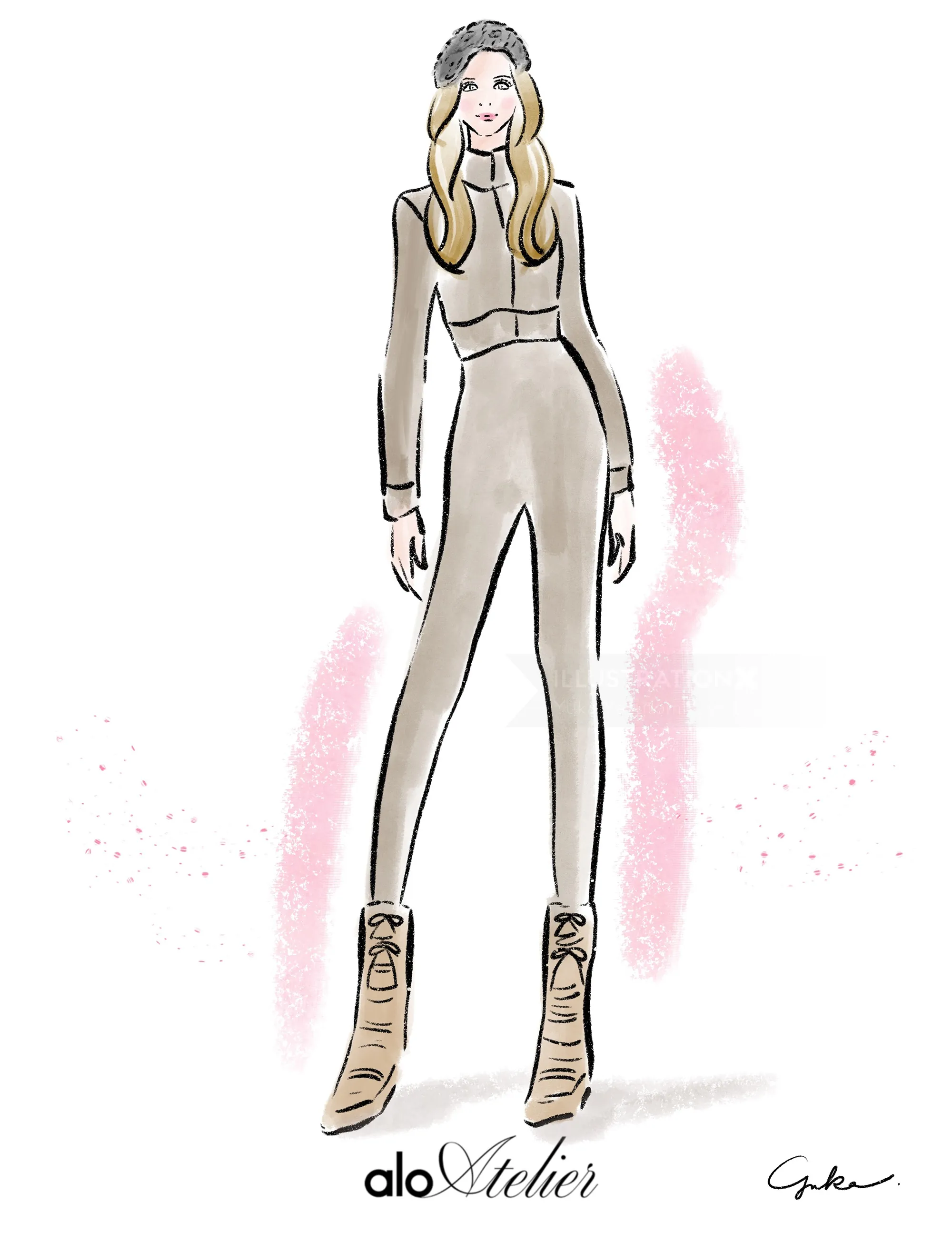 Fashion illustration of a woman in a beige outfit and boots