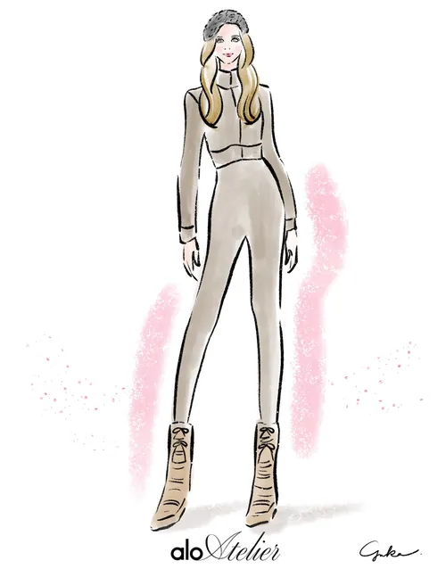 Fashion illustration of a woman in a beige outfit and boots
