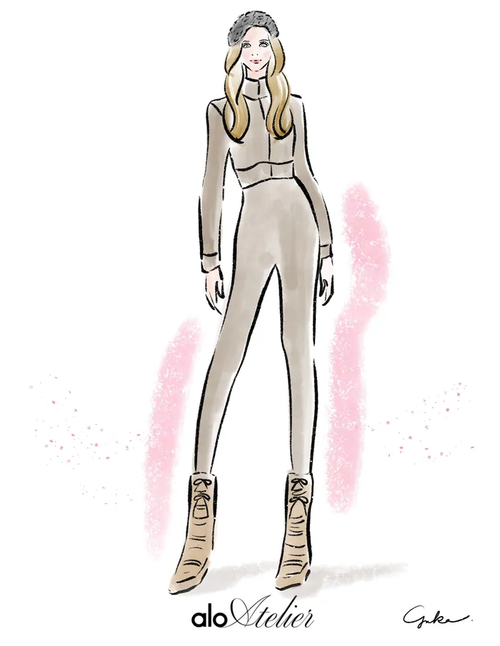 Fashion illustration of a woman in a beige outfit and boots