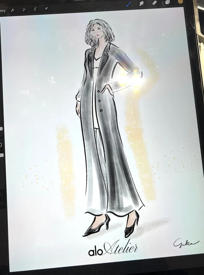 Fashion illustration of woman in long coat and heels at Alo Live Event