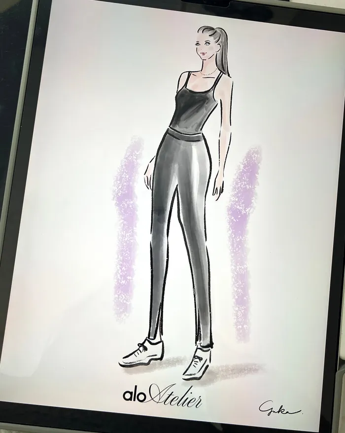 Sketch of a woman in black activewear and sneakers