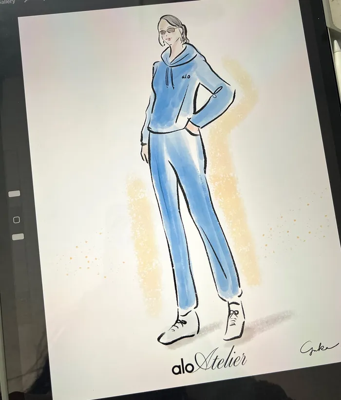 Sketch of a woman in blue athleisure outfit posing confidently