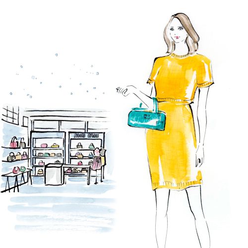 Fashion illustration of woman in yellow dress at MIU MIU event