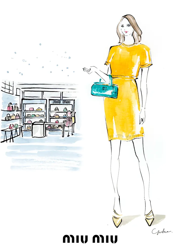 Fashion illustration of woman in yellow dress at MIU MIU event