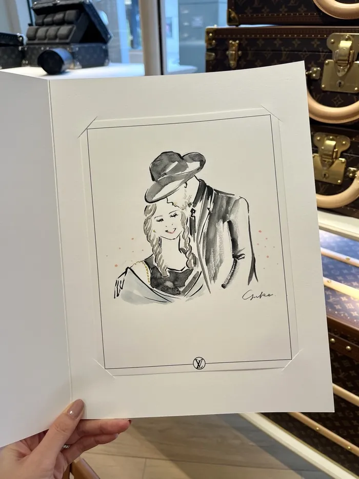 Black and white sketch of a couple with vintage hats