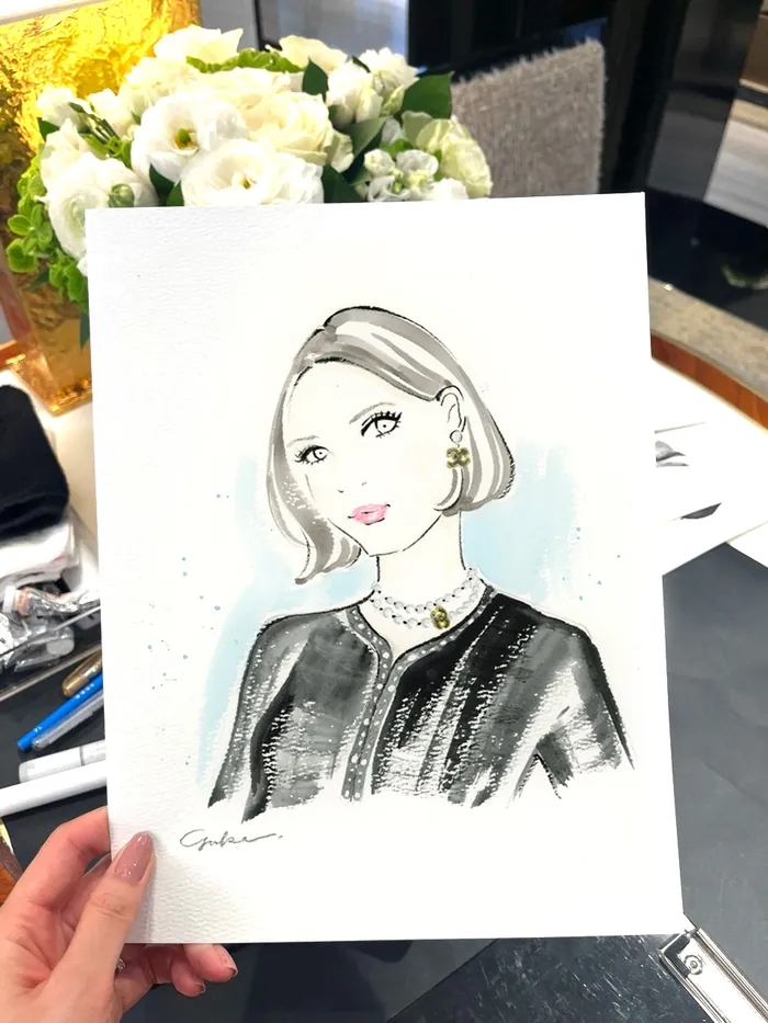 Watercolor portrait of a woman with short hair wearing jewelry