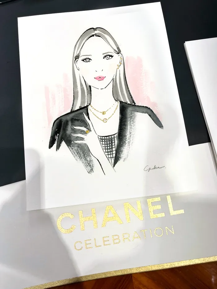 Fashion illustration of a woman in Chanel outfit with necklace