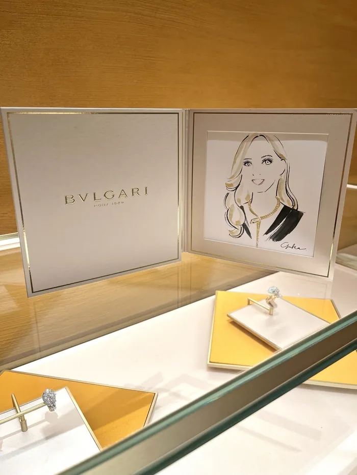 Bulgari jewelry display with rings and framed illustration