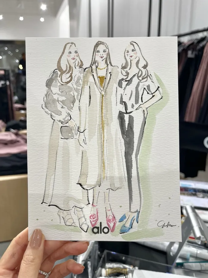 Fashion illustration of three women in stylish outfits