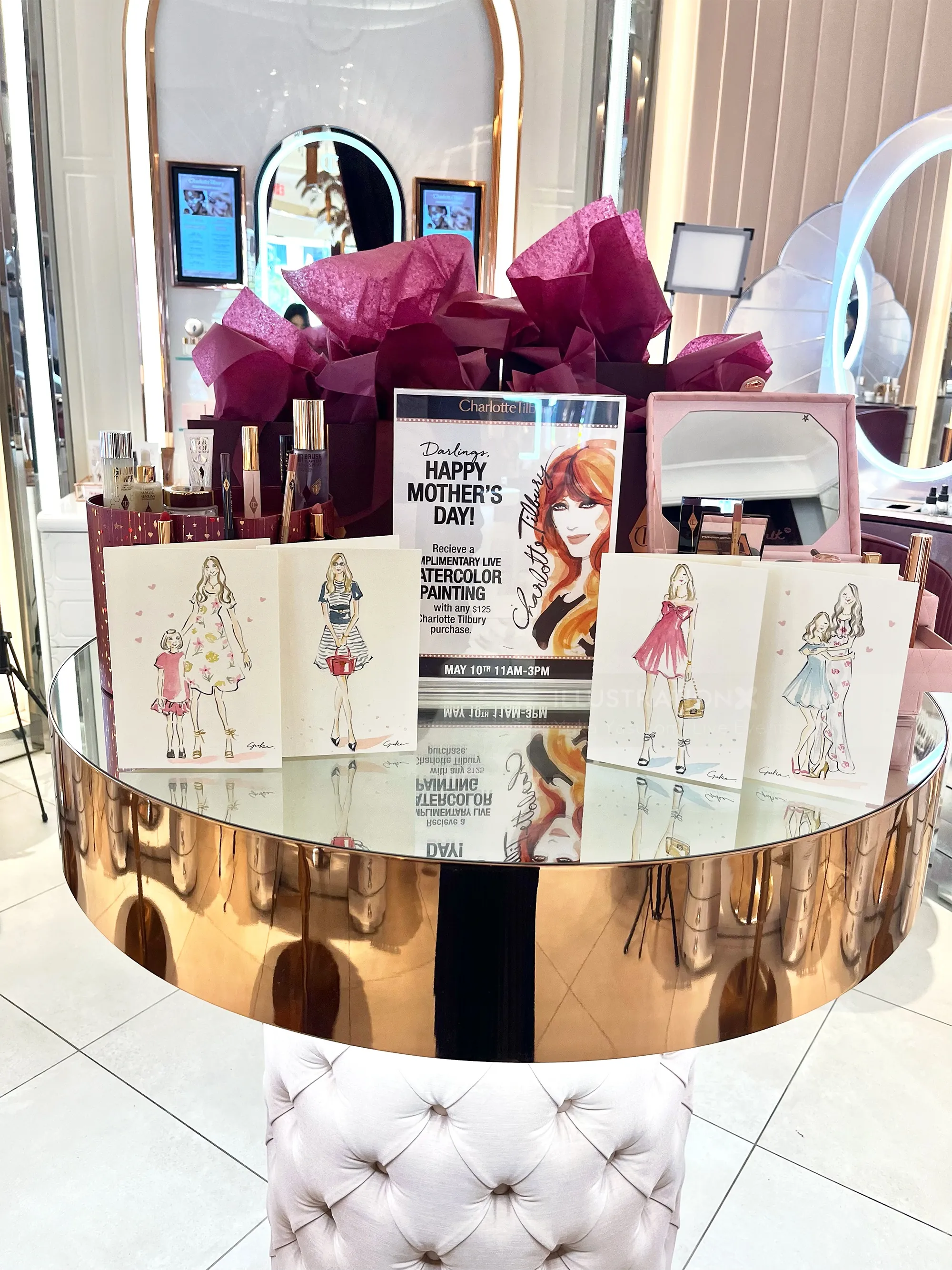 Charlotte Tilbury beauty products display for Mother's Day event