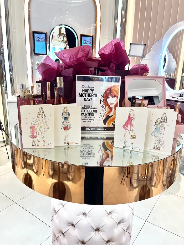 Charlotte Tilbury beauty products display for Mother's Day event