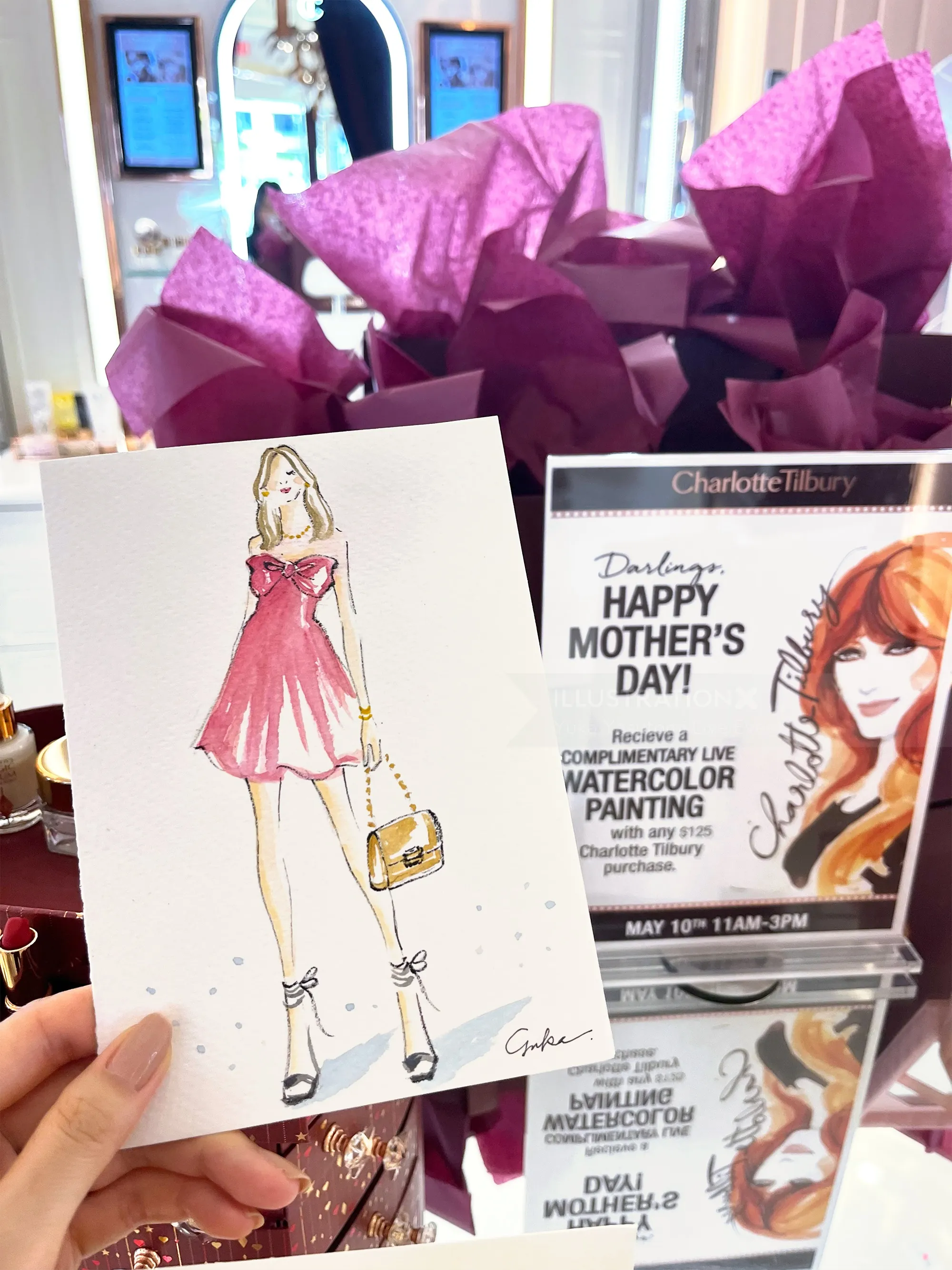 Sketch of woman in pink dress holding handbag with event posters