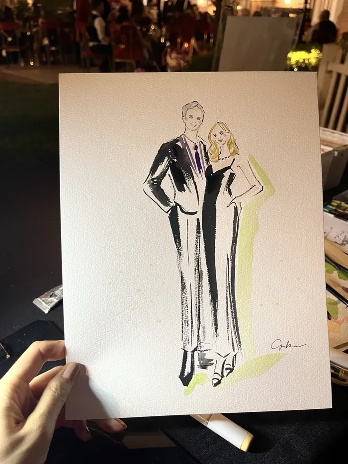 Illustration of a man and woman dressed elegantly at a party