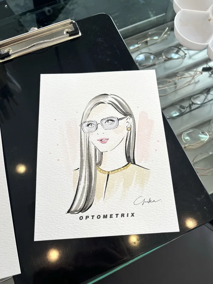 Watercolor portrait of woman wearing glasses on a clipboard
