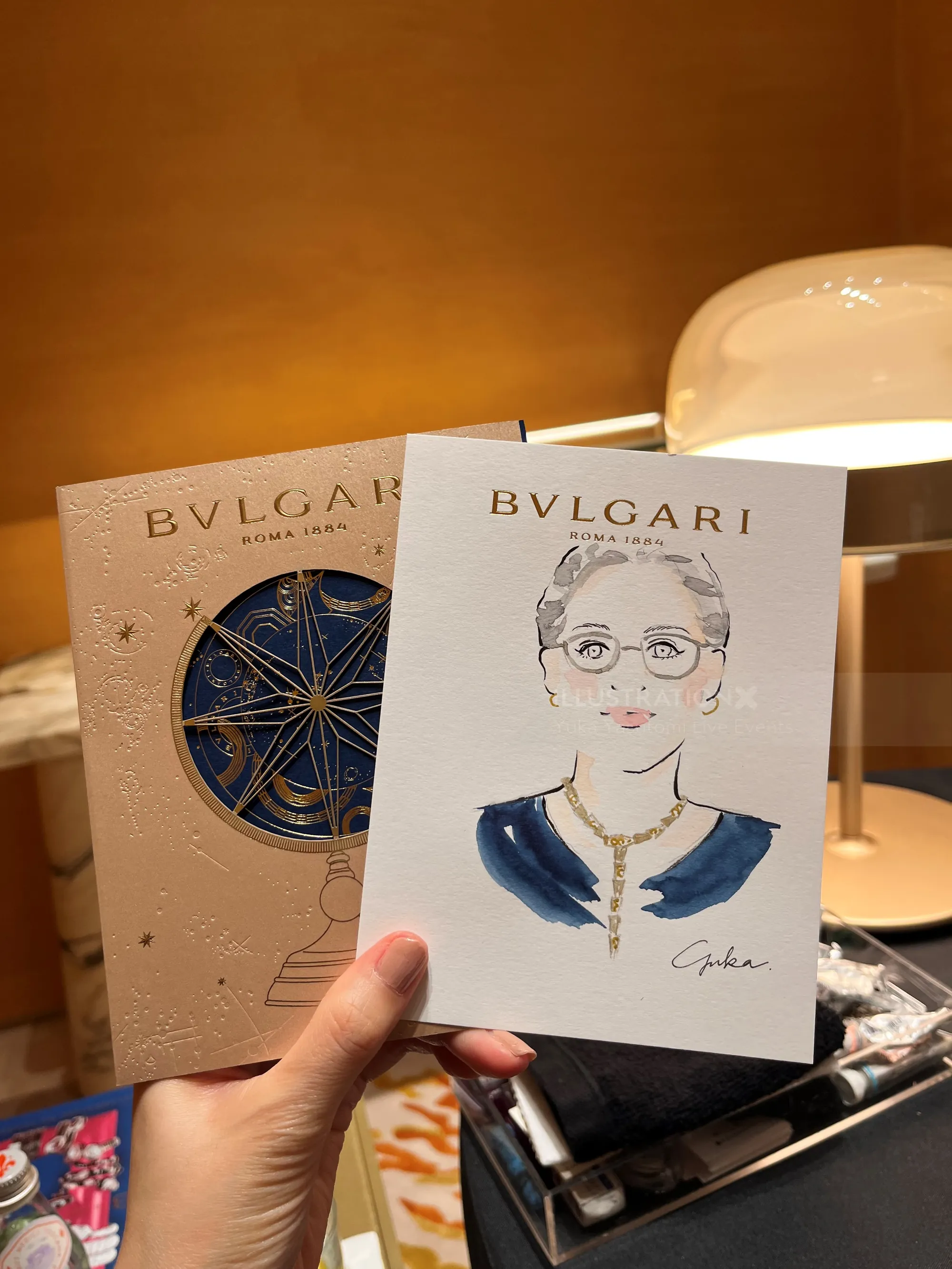 Caricature drawing at Bvlgari event by Yuka Yasutomi
