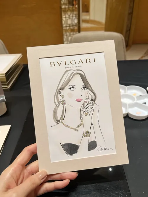 Illustration of woman wearing Bulgari jewelry by Yuka Yasutomi