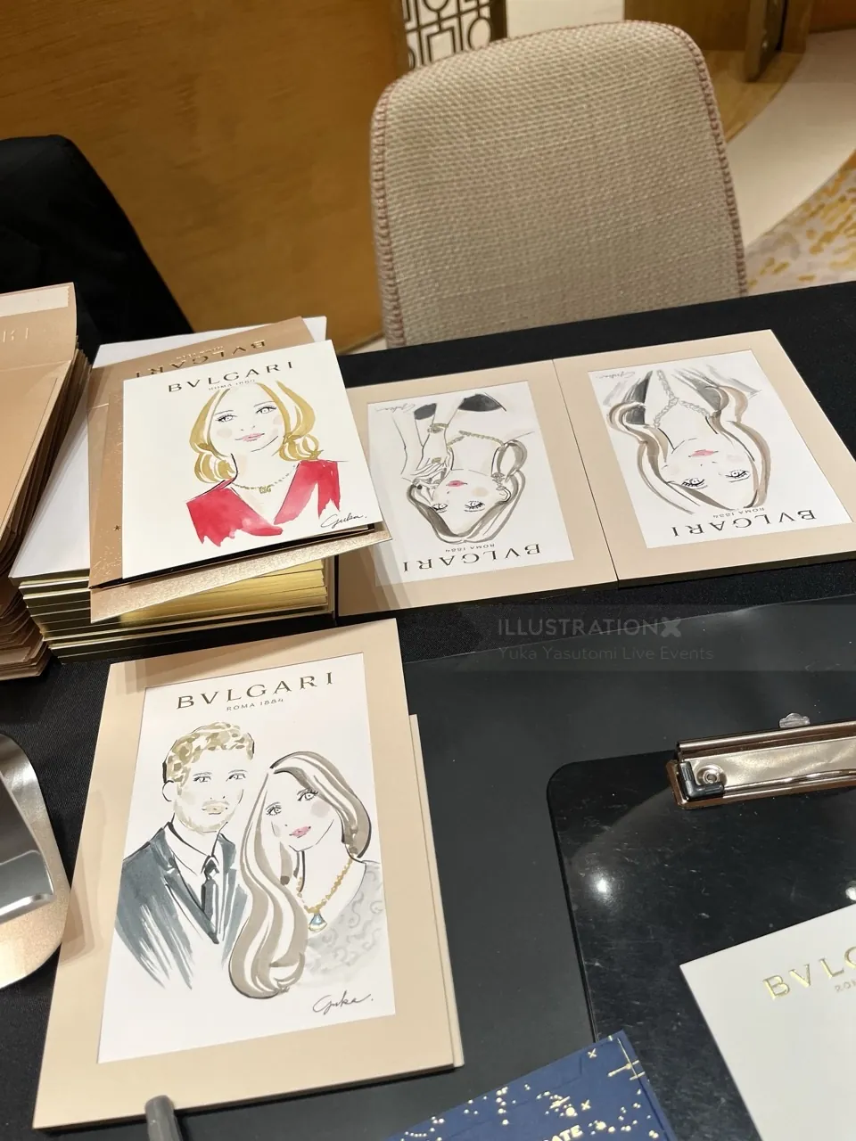 Caricature portraits of people at Bulgari live event by Yuka Yasutomi