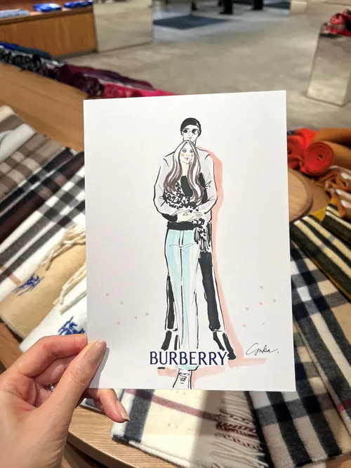 Fashion illustration of a model wearing Burberry, by Yuka Yasutomi