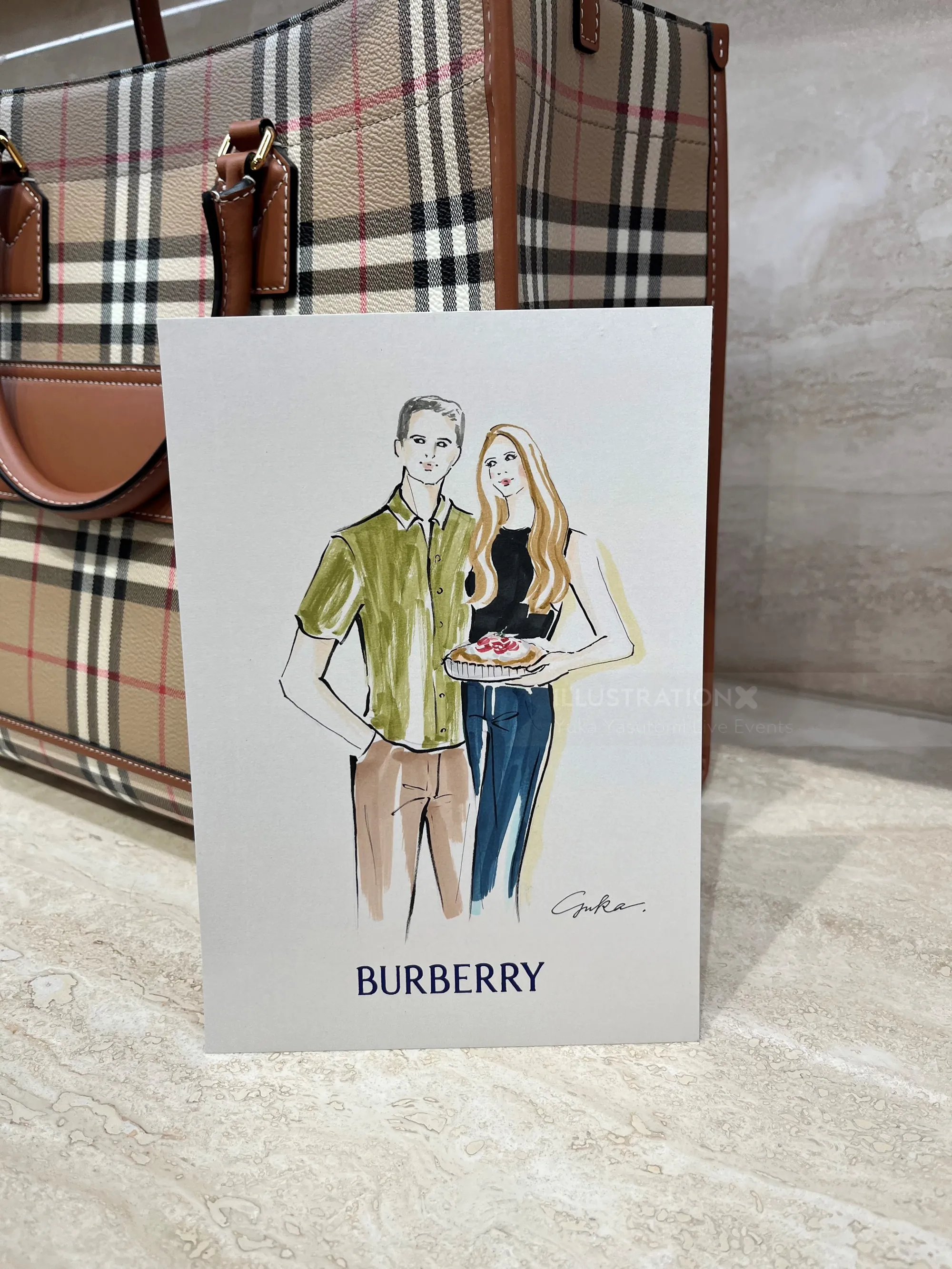Fashion illustration card with Burberry plaid bag by Yuka Yasutomi