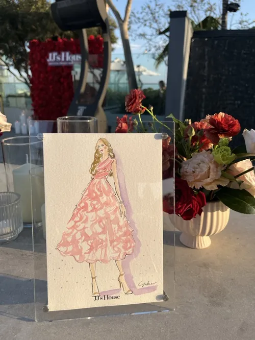 Fashion illustration of a woman in pink dress by Yuka Yasutomi