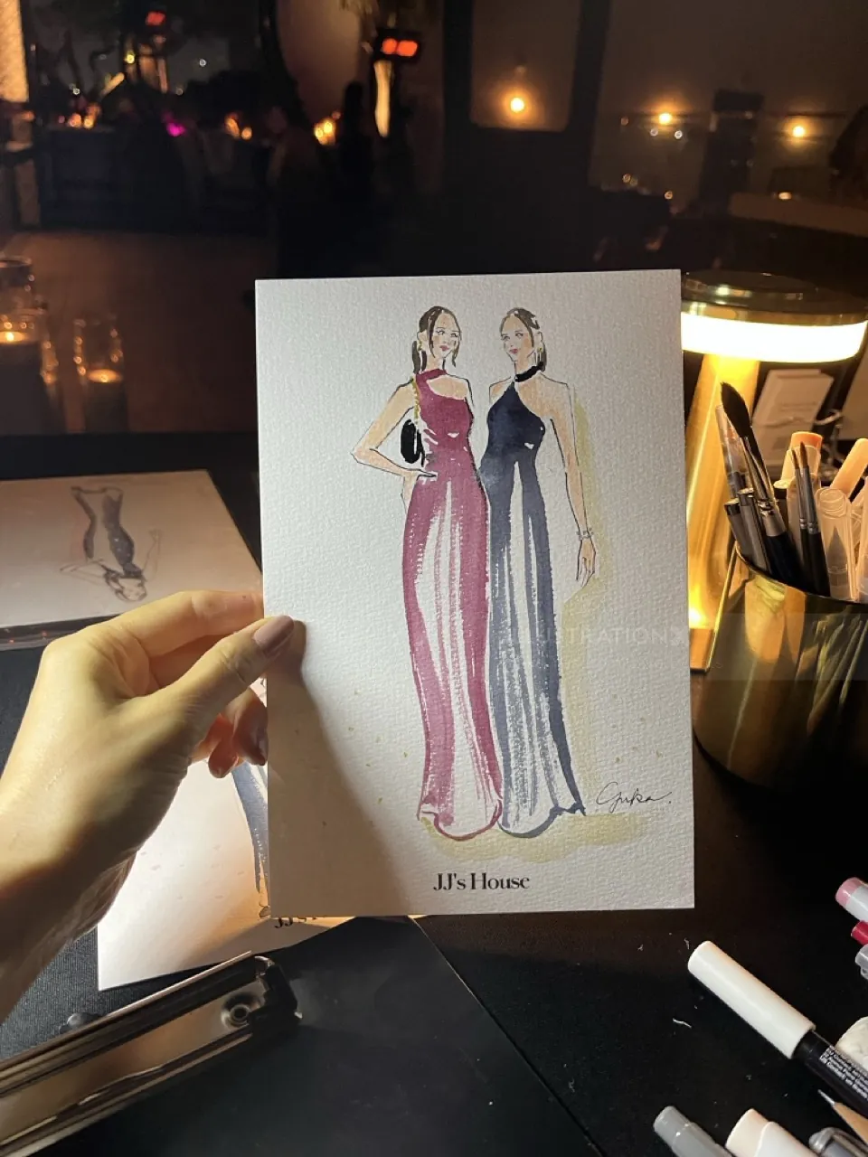 Fashion illustration of two women in evening gowns by Yuka Yasutomi