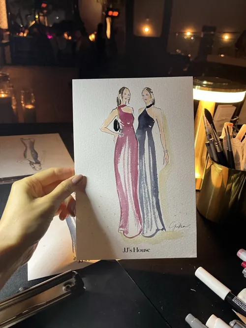Fashion illustration of two women in evening gowns by Yuka Yasutomi