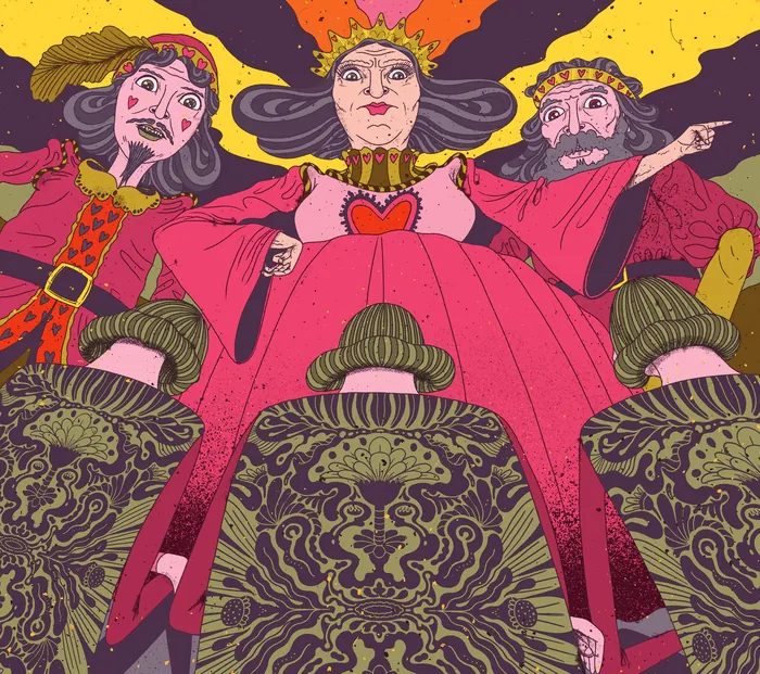 Illustration of three royal figures with elaborate costumes and crowns