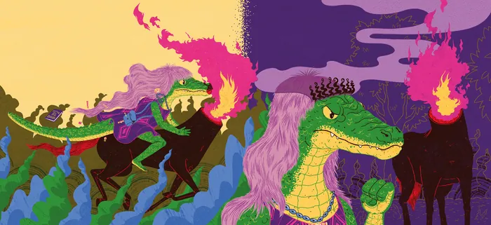 Illustration of a green crocodile with a crown and a colorful fiery parade