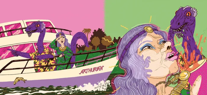 Illustration of a woman and a dinosaur on a boat named Arthuron